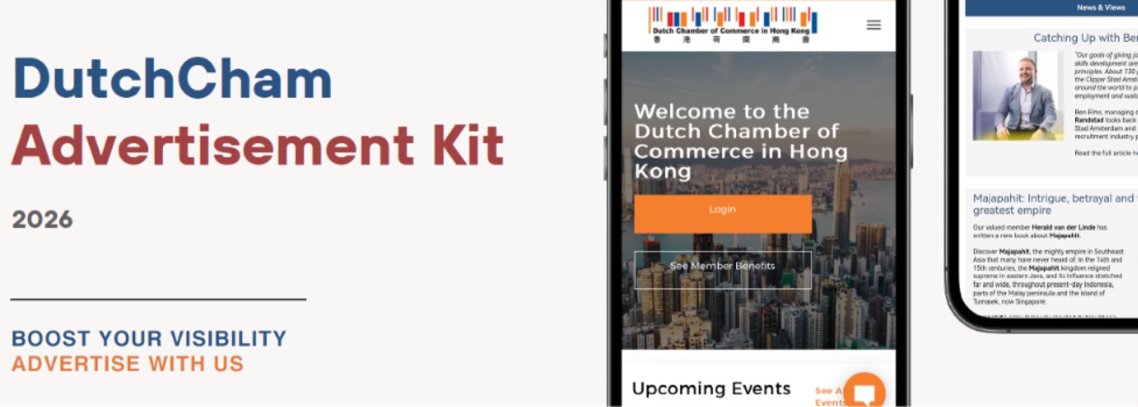 DutchCham Advertisement Kit 2026: boost your visibility, advertise with us, beside a phone showing the chamber website